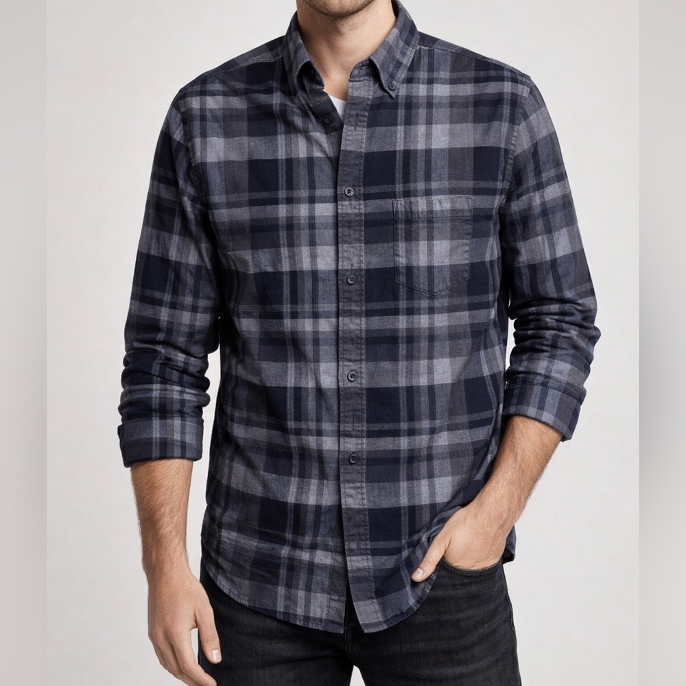 Express Men’s Navy Gray Plaid Button Down Shirt Long Sleeve Casual Top Size Med